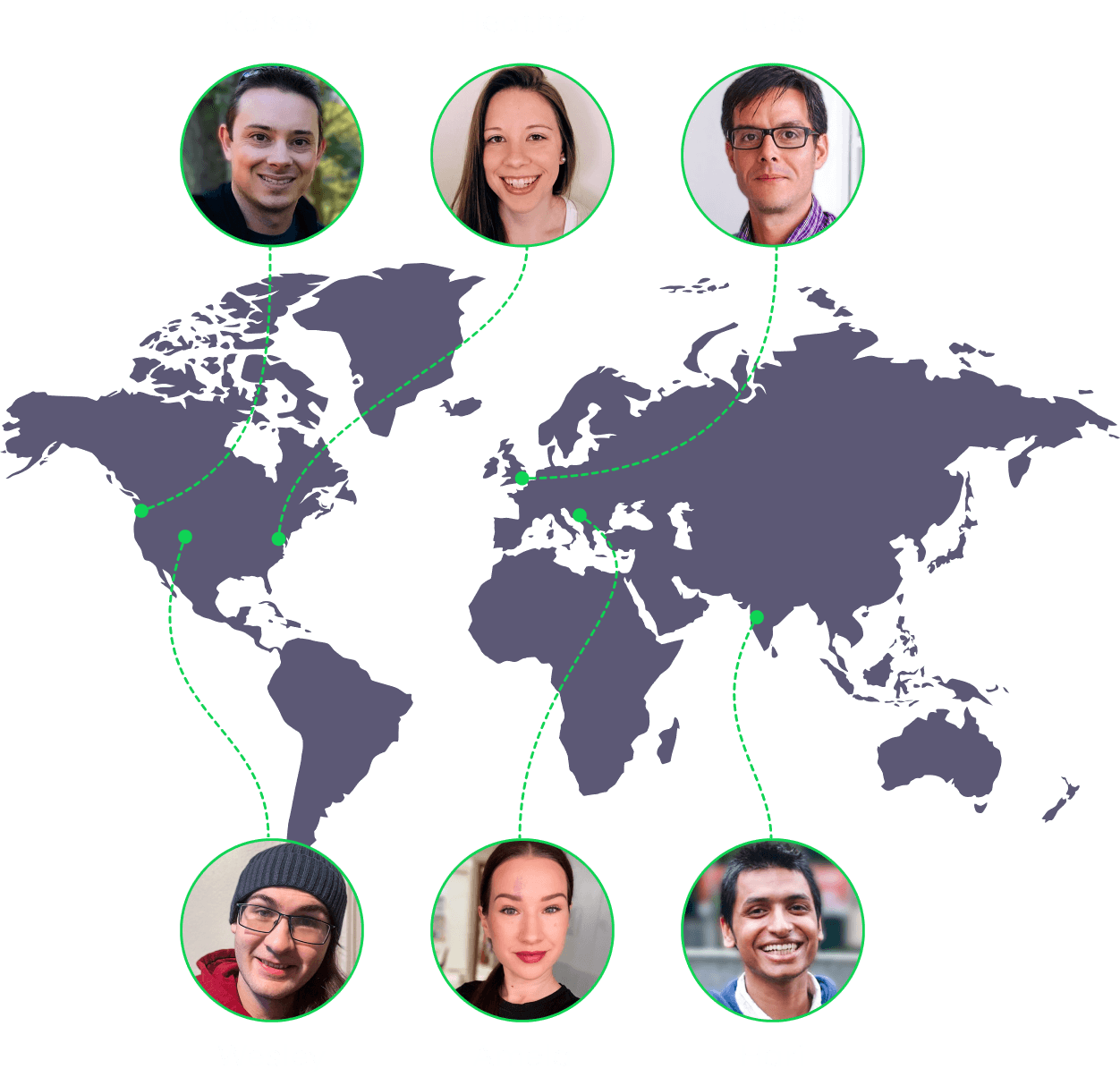 a map of the world, showing the locations of Geckoboard’s support team